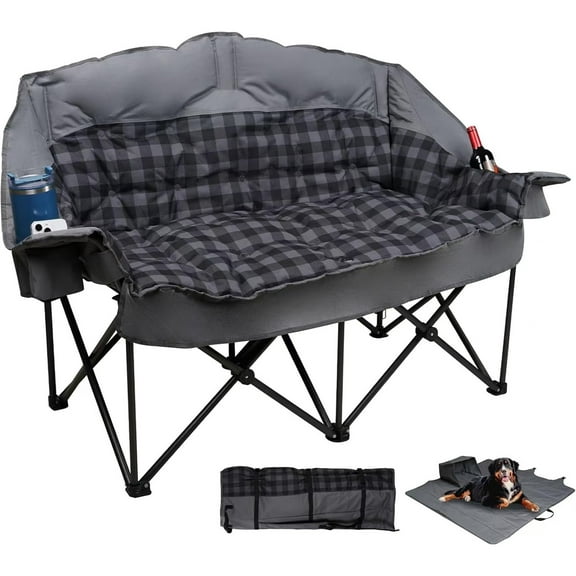 Double Camping Chair, Oversized Loveseat with 2 in 1 Store Bag, Extra Padded Camp Chairs 2 Person Camping Couch Heavy Duty Sofa Folding Lawn Chair with Cup Holders for Couples Adults Patio Backyard