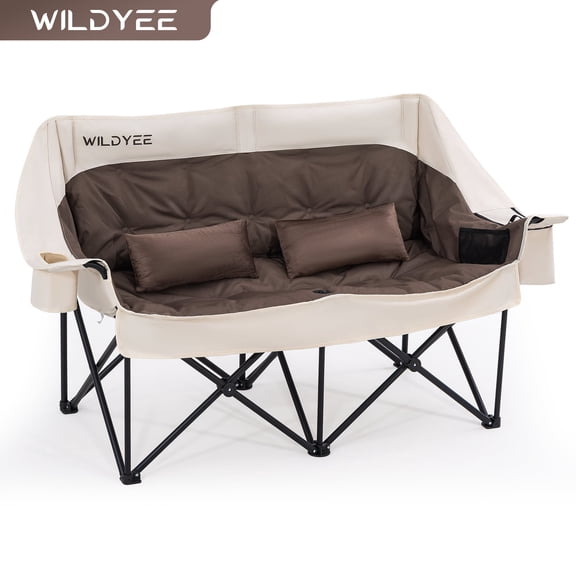 WILDYEE Oversized Double Camping Chair, Heavy Duty Padded Folding Loveseat 2 Person Camping Couch with Detachable Lumbar Supports, Cup Holders & Cooler Pocket for Outdoor Lawn Backyard, Beige