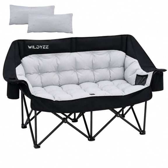 WILDYEE Oversized Double Camping Chair, Heavy Duty Padded Folding Loveseat 2 Person Camping Couch with Detachable Lumbar Supports, Cup Holders & Cooler Pocket for Outdoor Camping Lawn Backyard, Black