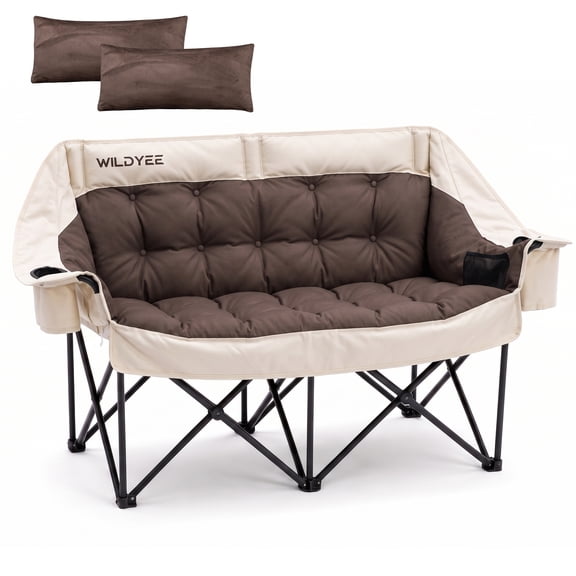 WILDYEE Oversized Double Camping Chair, Heavy Duty Padded Folding Loveseat 2 Person Camping Couch with Detachable Lumbar Supports, Cup Holders & Cooler Pocket for Outdoor Lawn Backyard, Beige