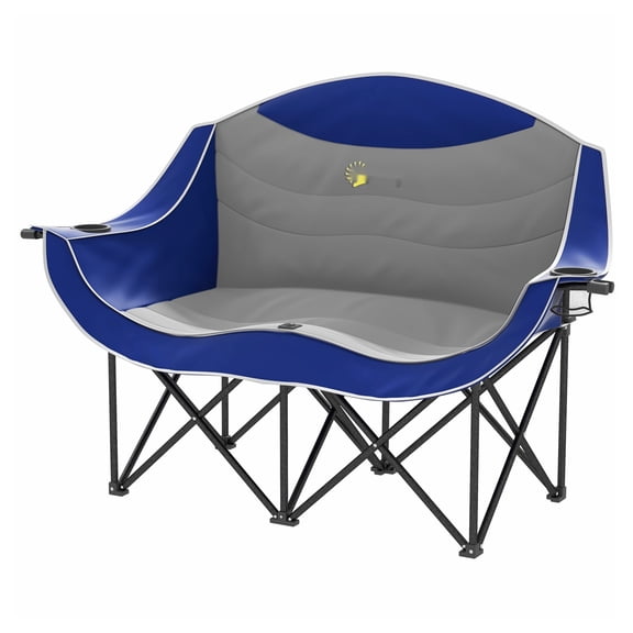 Double Camping Chair Padded Folding Chair for Adults, Outdoor Loveseat with Cup Holders & Carry Bag - Blue