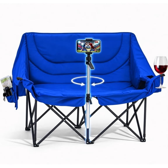 Double Camping Chair with Phone Holder, Padded Loveseat Camp Couch Supports 880 lbs, 2 Person Folding Sofa with Glass Holder & Side Pocket for Camping,, Fishing,Beach