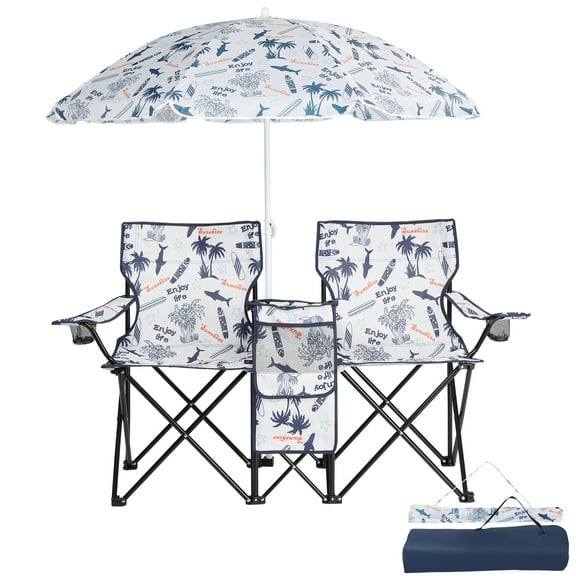 Double Camping Chair with Umbrella, Folding Loveseat Chairs W/Canopy Shade, Carrying Bag, Table, Cup Holder, Portable Beach Chairs Outdoor Picnic Patio, Blue White
