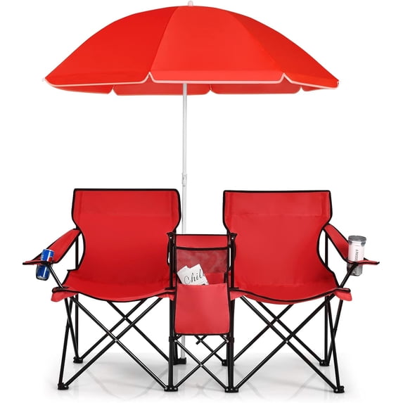 Double Camping Chair with Umbrella, Folding Loveseat Chairs w/Canopy Shade, Carrying Bag, Table, Cup Holder, Portable Beach Chairs Outdoor Picnic Patio (Black)