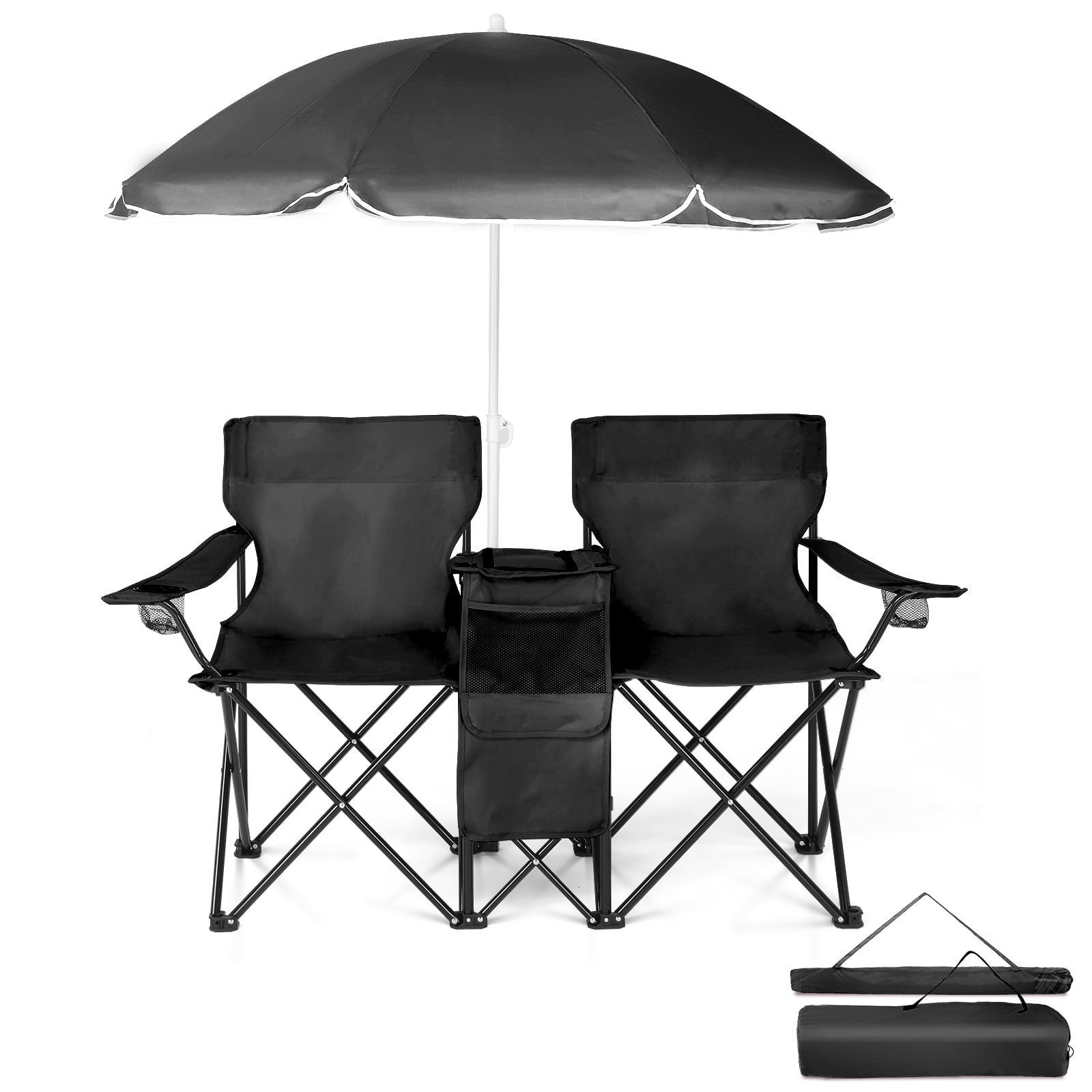 Double Camping Chair with Umbrella, Folding Loveseat Chairs w/Canopy