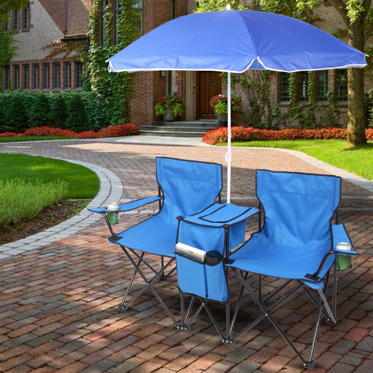 Double Camping Chair with Umbrella & Mini Table, Loveseat Beach Chair with Portable Bag & Cup Holders, Outdoor Chair Lawn Chair for Beach, Backyard, Fishing, Blue