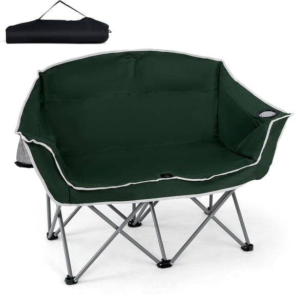 Double Camping Chair for 2, Oversized Folding Loveseat with Armrests, Dual Cup Holders & Carry Bag – Heavy-Duty Portable Beach & Lawn Chair (Green)