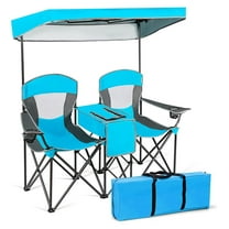 Double Camping Chair with Canopy - 2 Person Outdoor Folding Chair with Cooler, Cup Holders & Carry Bag - Beach, Lawn, Sports - Blue
