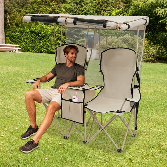Double Camping Chair with Canopy, Folding Two-Person Outdoor Loveseat with Shade, Khaki Portable Camping Seat for Beach, Picnic