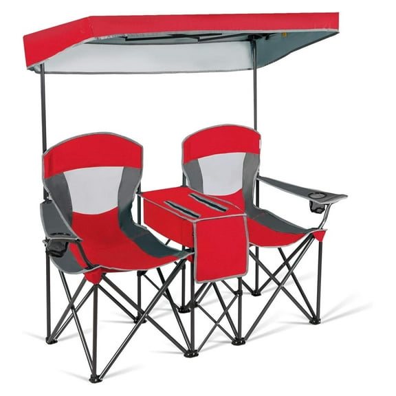 Double Camping Chair with Canopy, Portable Folding Loveseat for 2 Adults - Red