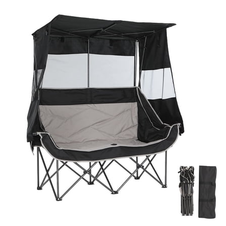 Double Camping Chair with Canopy, Portable Folding Loveseat with Cooler, Cup Holders & Storage for Beach, Lawn, Tailgates & Picnic