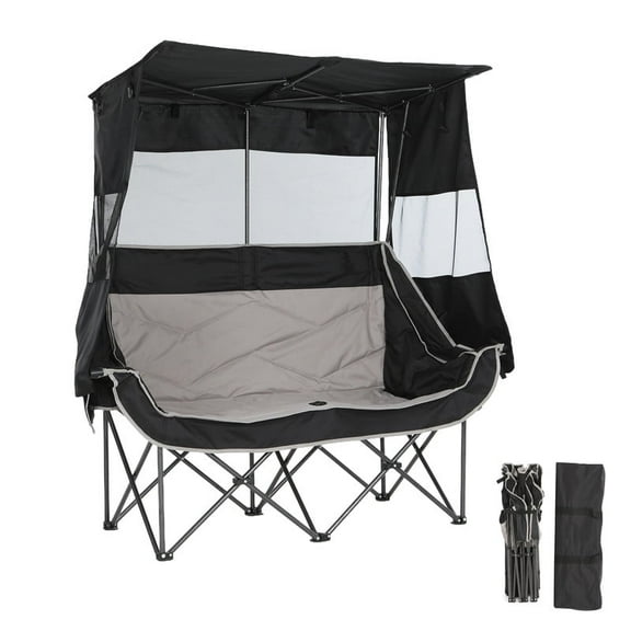 Double Camping Chair with Canopy, Portable Folding Loveseat with Cooler, Cup Holders & Storage for Beach, Lawn, Tailgates & Picnic