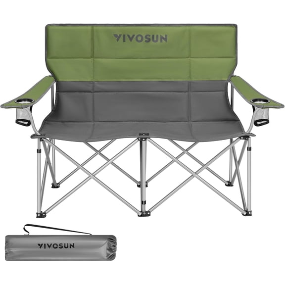 Double Camping Chair with Cup Holders, Adjustable Armrests, 500 lb Capacity, Green and Grey, Foldable Oversized Loveseat with Carry Bag