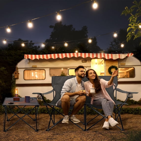 Double Camping Chair with Folding Table, 2 Person Outdoor Loveseat for Adults, Cup Holders & Carry Bag, Supports 500lbs