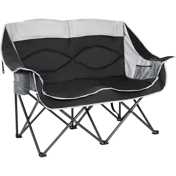 Double Camping Chairs Padded Loveseat Chair for 2 Person Heavy Duty Camping Couch 600lbs for Adults Portable Outdoor Lawn Chair with Cup Holder for Outdoor Patio RV Camping Black