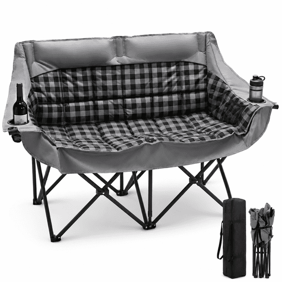 Double Camping Chairs for Adults, Outdoor Heavy Duty Padded Loveseat, Oversized Folding Camping Couch with Cup Holder and Carrying Bag, Gray Plaid