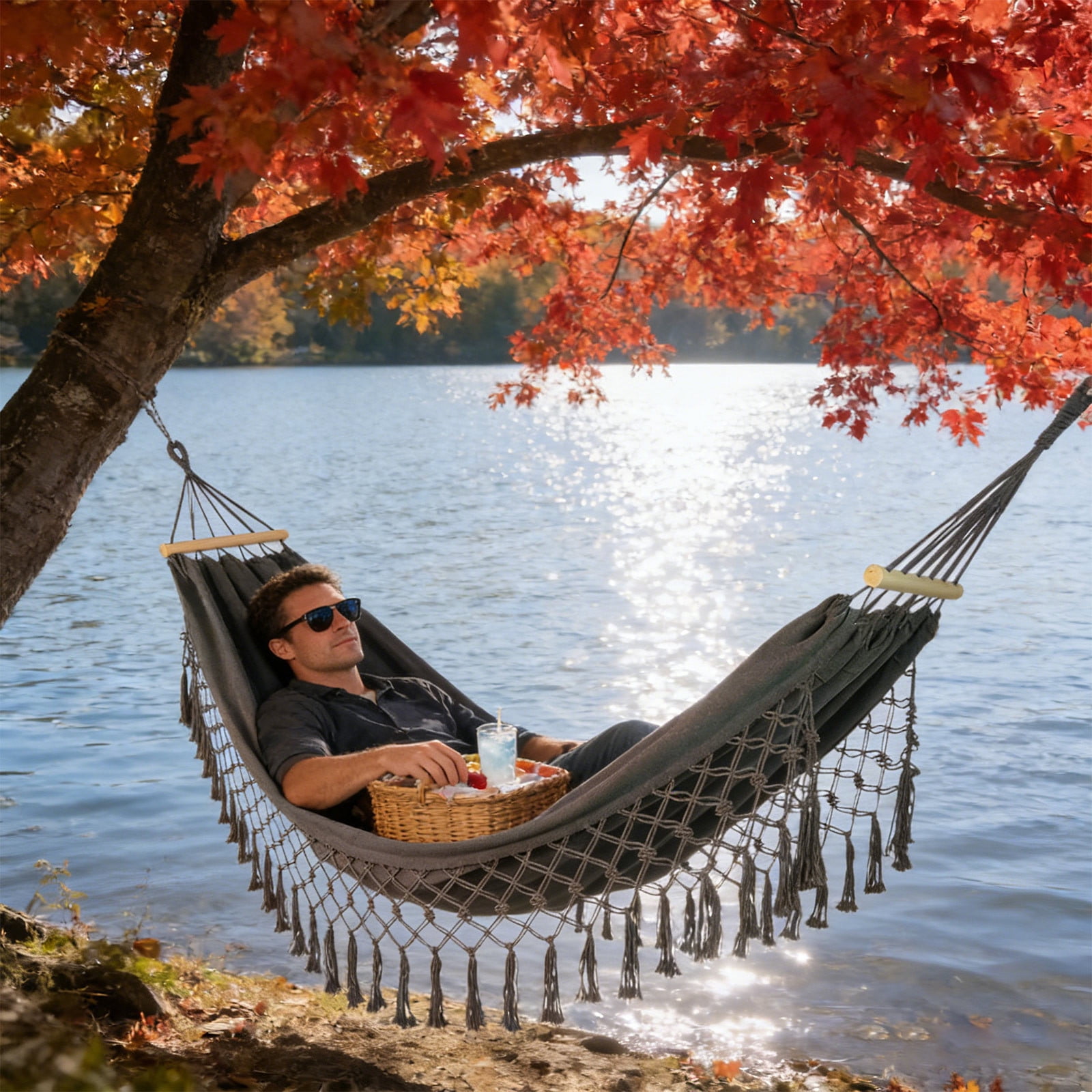 Double Camping Hammock, Anti Tip Fringe Tassel Canvas Bed, Heavy Duty Outdoor Swing, Portable Garden Hammock for Backyard Patio Porch Home Travel Use