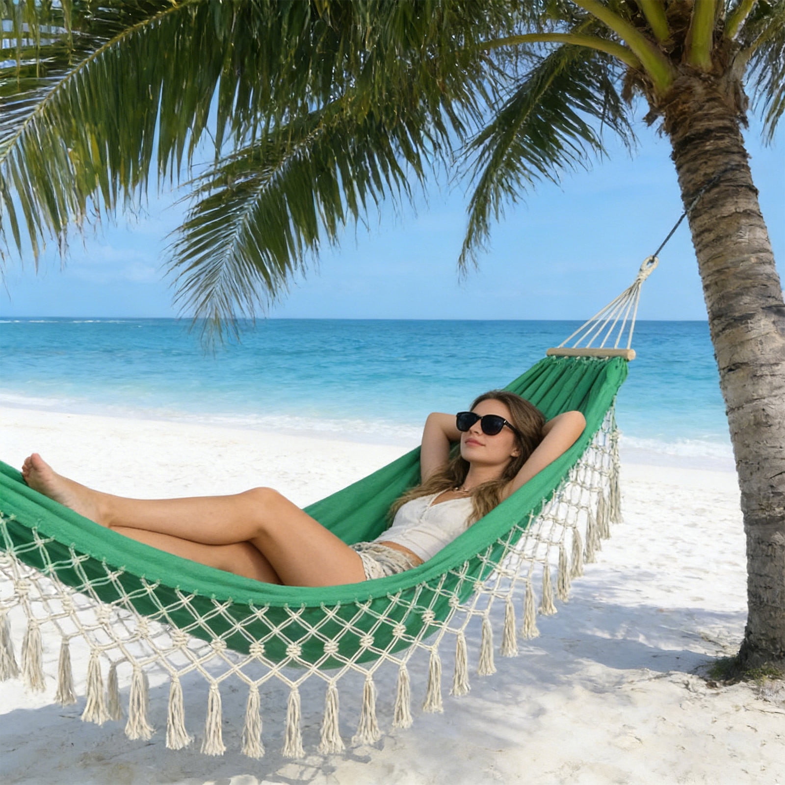 Double Camping Hammock, Anti Tip Fringe Tassel Canvas Bed, Heavy Duty Outdoor Swing, Portable Garden Hammock for Backyard Patio Porch Home Travel Use