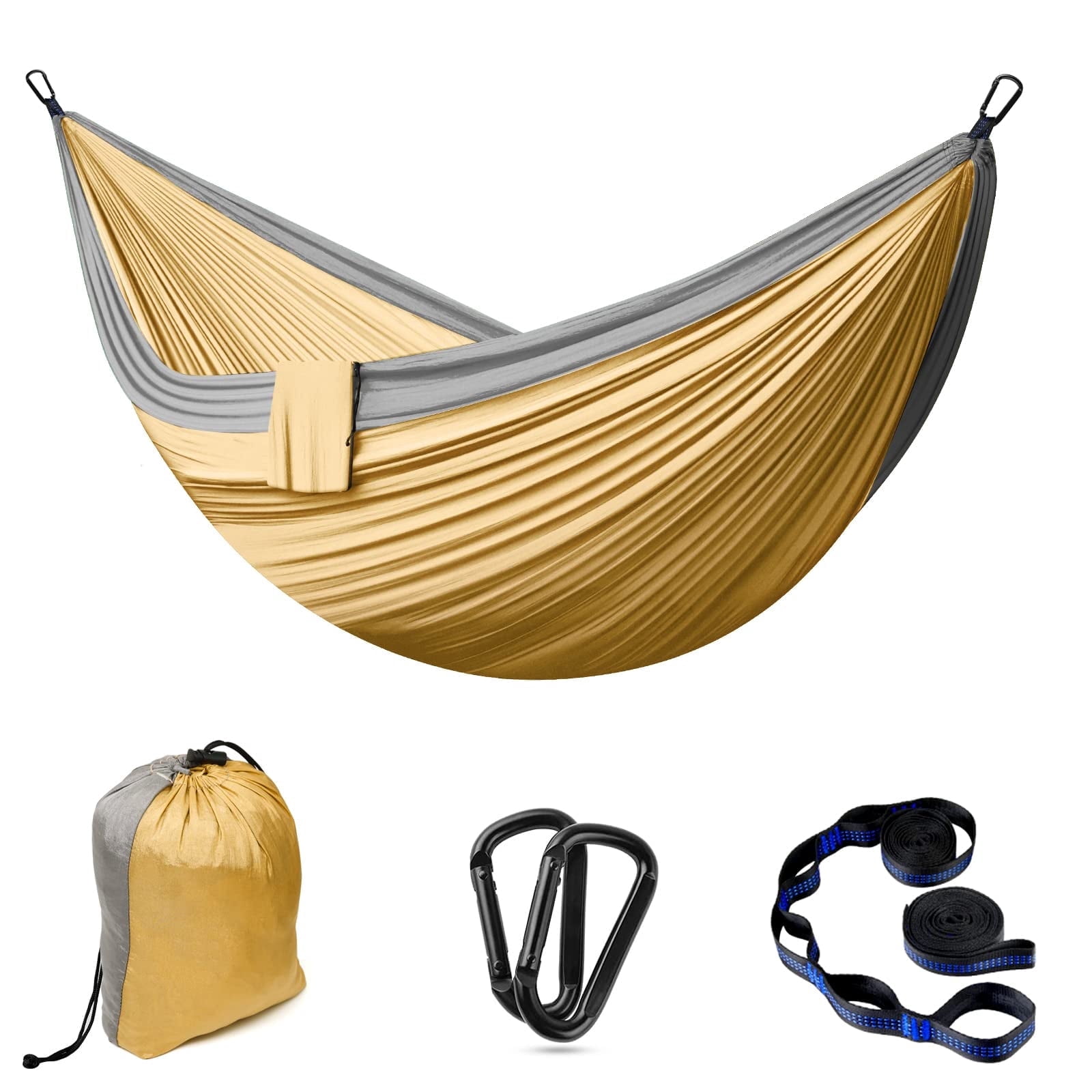 Double Camping Hammock - Outdoor Portable Nylon Hammock with 500lbs Capacity, Perfect for Camping, Hiking, and Travel,Khaki&Gray