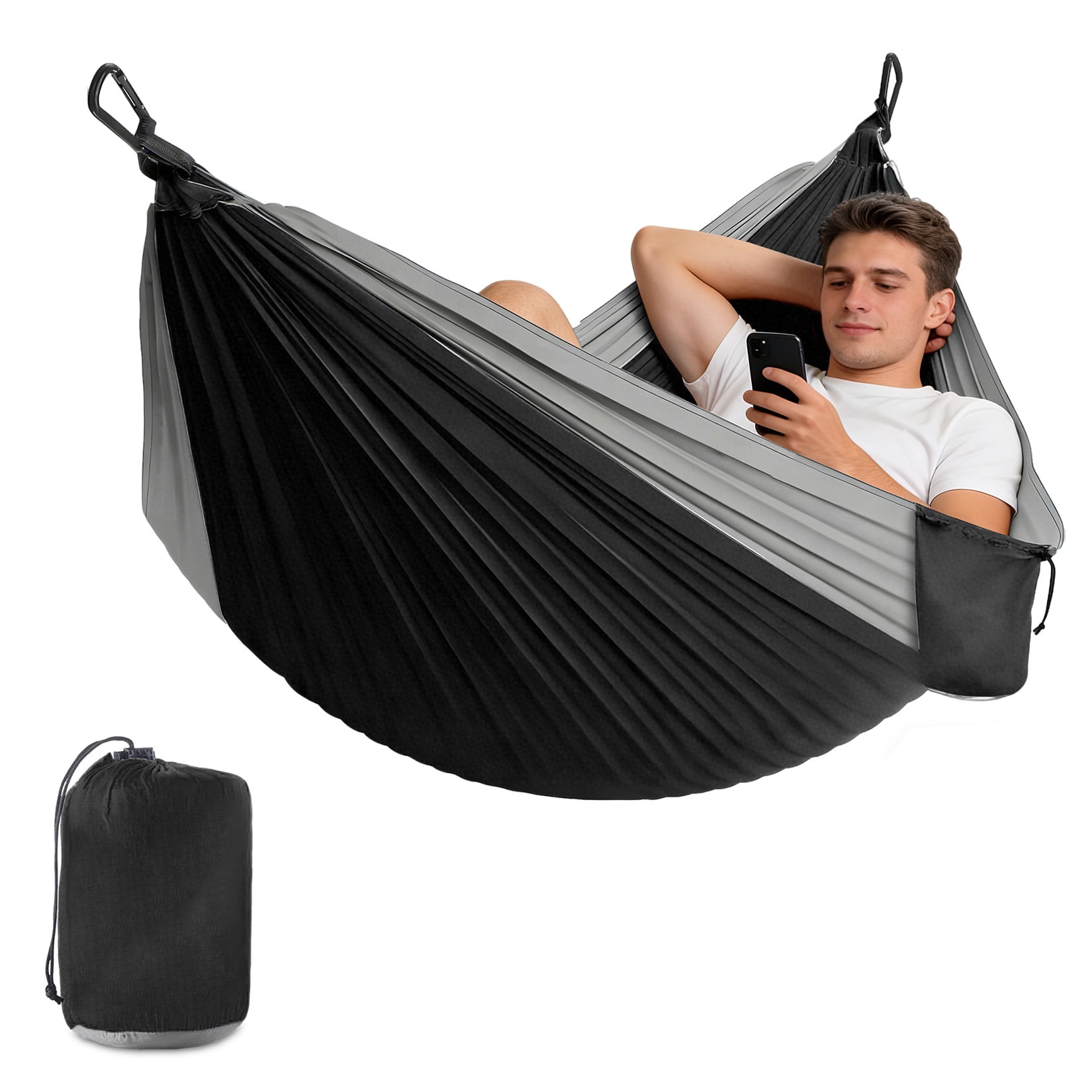 Double Camping Hammock with Straps Portable Lightweight Nylon Hammock 10FT x 6.5FT Heavy Duty Parachute Hammock for Outdoor Backpacking Travel Backyard, Black