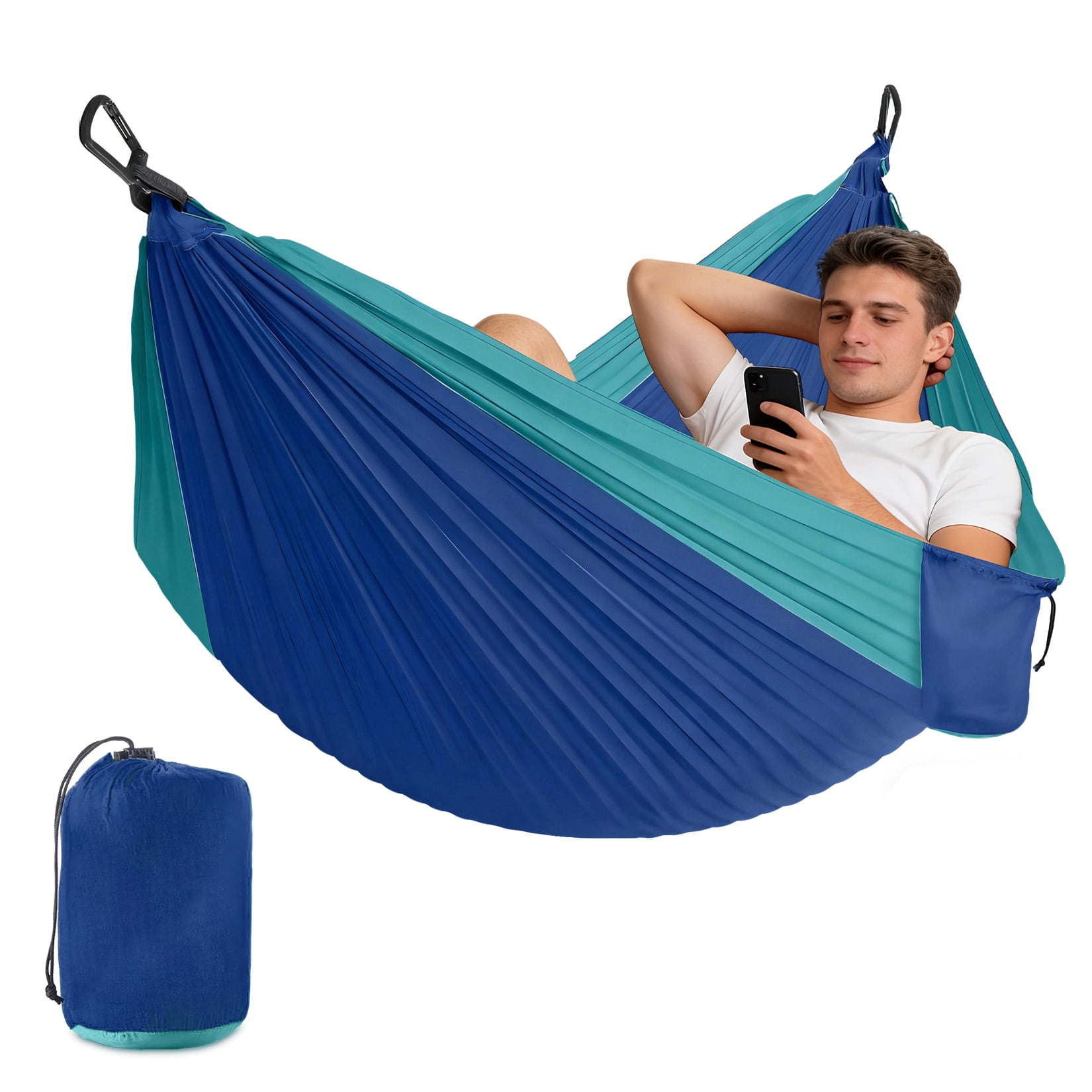 Double Camping Hammock with Straps Portable Lightweight Nylon Hammock 10FT x 6.5FT Heavy Duty Parachute Hammock for Outdoor Backpacking Travel Backyard, Blue