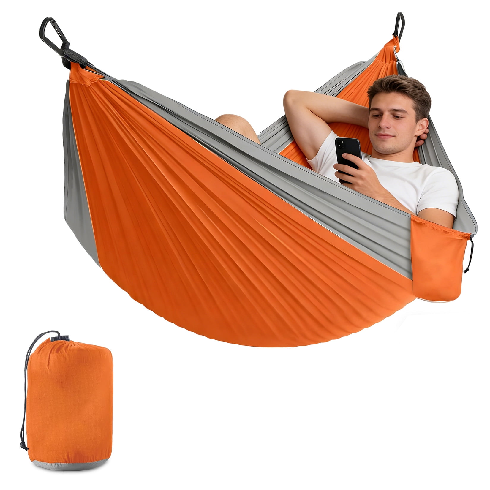 Double Camping Hammock with Straps Portable Lightweight Nylon Hammock 10FT x 6.5FT Heavy Duty Parachute Hammock for Outdoor Backpacking Travel Backyard, Orange