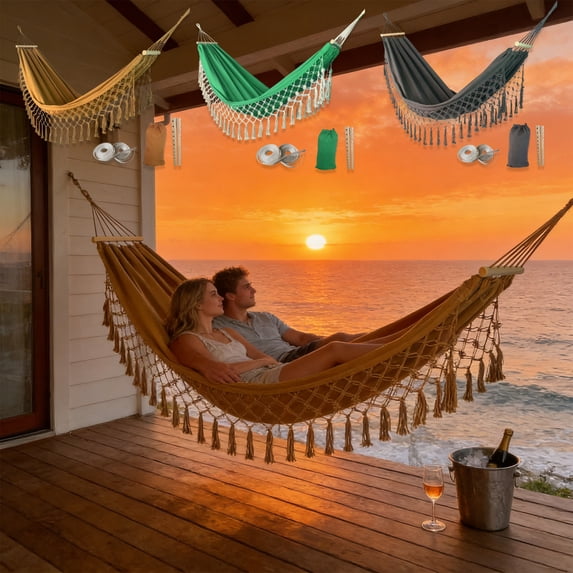 Double Camping Hammock for 2 Adults, Heavy Duty Canvas with Anti-Tip Design and Boho Fringe Tassels for Backyard, Patio, Porch, Garden or Indoor Use