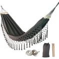 thumbnail image 1 of Double Camping Hammock with Fringe Tassels Heavy Duty Nylon Outdoor Swing for Backyard Patio Portable Gray Carry Bag & Ropes Included, 1 of 6
