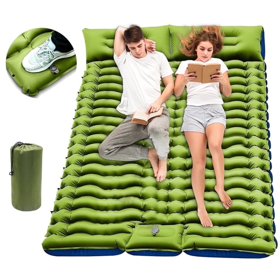 Double Camping Sleeping Pad - Self Inflating 4" Extra-Thick for 2 Person with Pillow Built-in Foot Pump Inflatable Sleeping Mat for Backpacking, Traveling, Portable Camping Mat