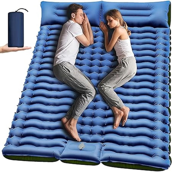 Double Camping Sleeping Pad with Built-in Foot Pump and Pillows Ultralight Inflatable Sleeping Mat for 2 Person, Compact Air Mattress for Backpacking Hiking Tent Camping, Portable Outdoor