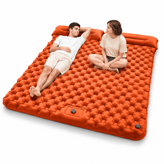 Double Camping Sleeping Pad, Inflatable Double Sleeping Pad, 4" Extra-Thick for 2 People With Pillows, Built-In Foot Pump, Portable Camping Mat for Backpacking, Hiking, Traveling, Tent