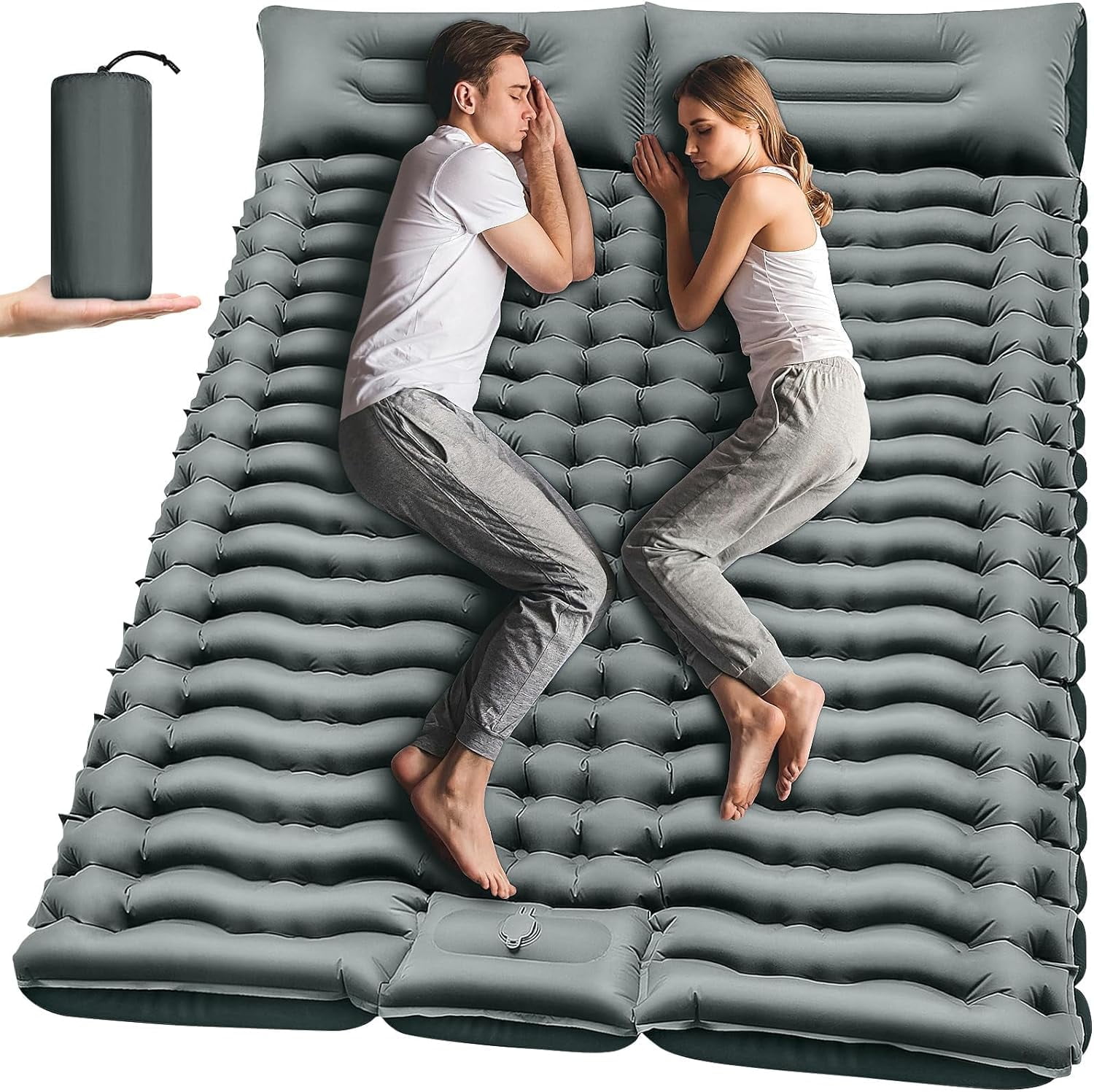 Double Camping Sleeping Pad, Inflatable Camping Pad with Foot Press, Ultralight 2-Person Camping Mat with Pillow for Camping, Hiking, Traveling, Backpacking, Tent-Grey
