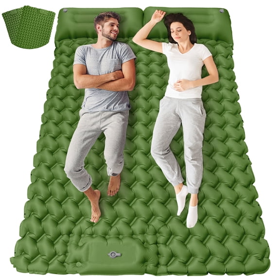 Double Camping Sleeping Pad - Self Inflating 4" Extra-Thick for 2 Person with Pillow Built-in Foot Pump Inflatable Sleeping Mat for Backpacking, Traveling, Portable Camping Mat,Green