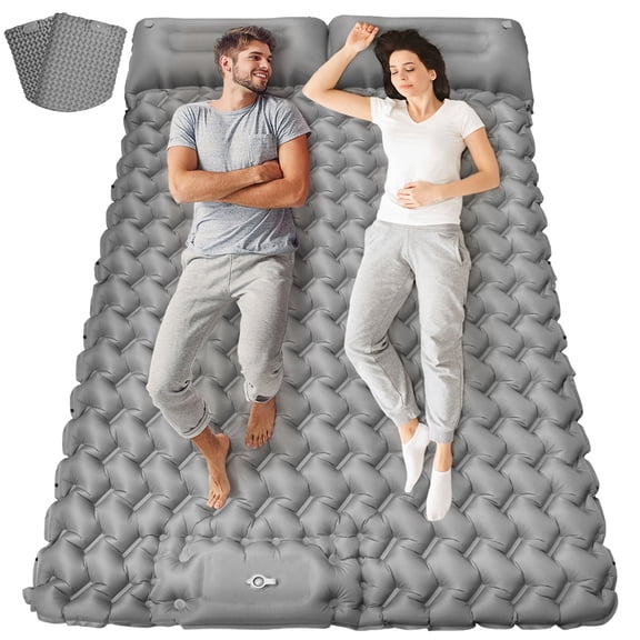 Double Camping Sleeping Pad - Self Inflating 4" Extra-Thick for 2 Person with Pillow Built-in Foot Pump Inflatable Sleeping Mat for Backpacking, Traveling, Portable Camping Mat,Gray