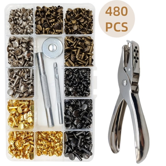 Double Cap Rivet for Leather, 480 Sets Leather Rivets Kits for Leather Craft Clothing Shoes Belts Bags Rivets, 4 Colors 3 Sizes