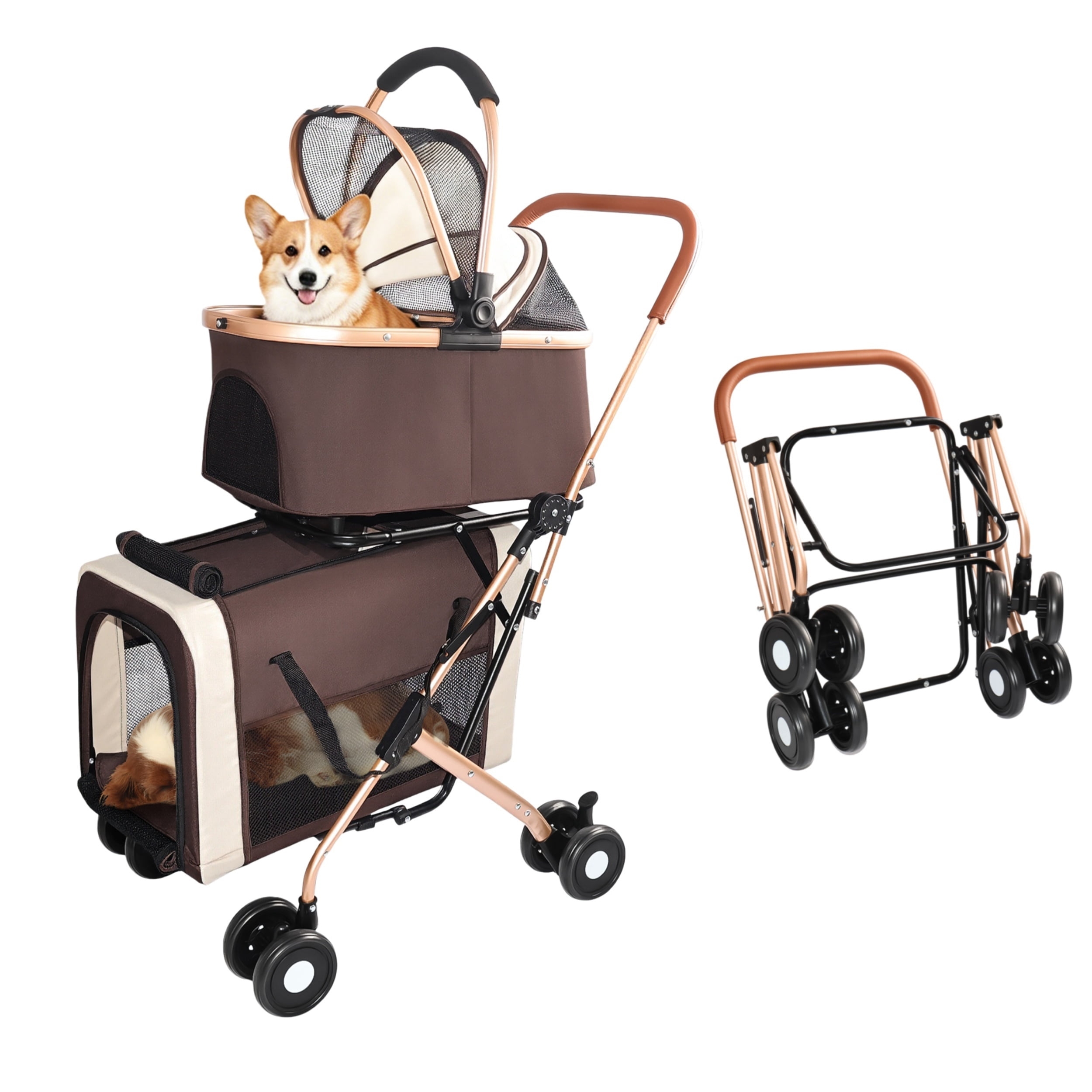 Double-Carrier Pet Stroller for Small/Medium Dogs and Cats, Foldable Convertible Pet Carrier with Caster & Brake System