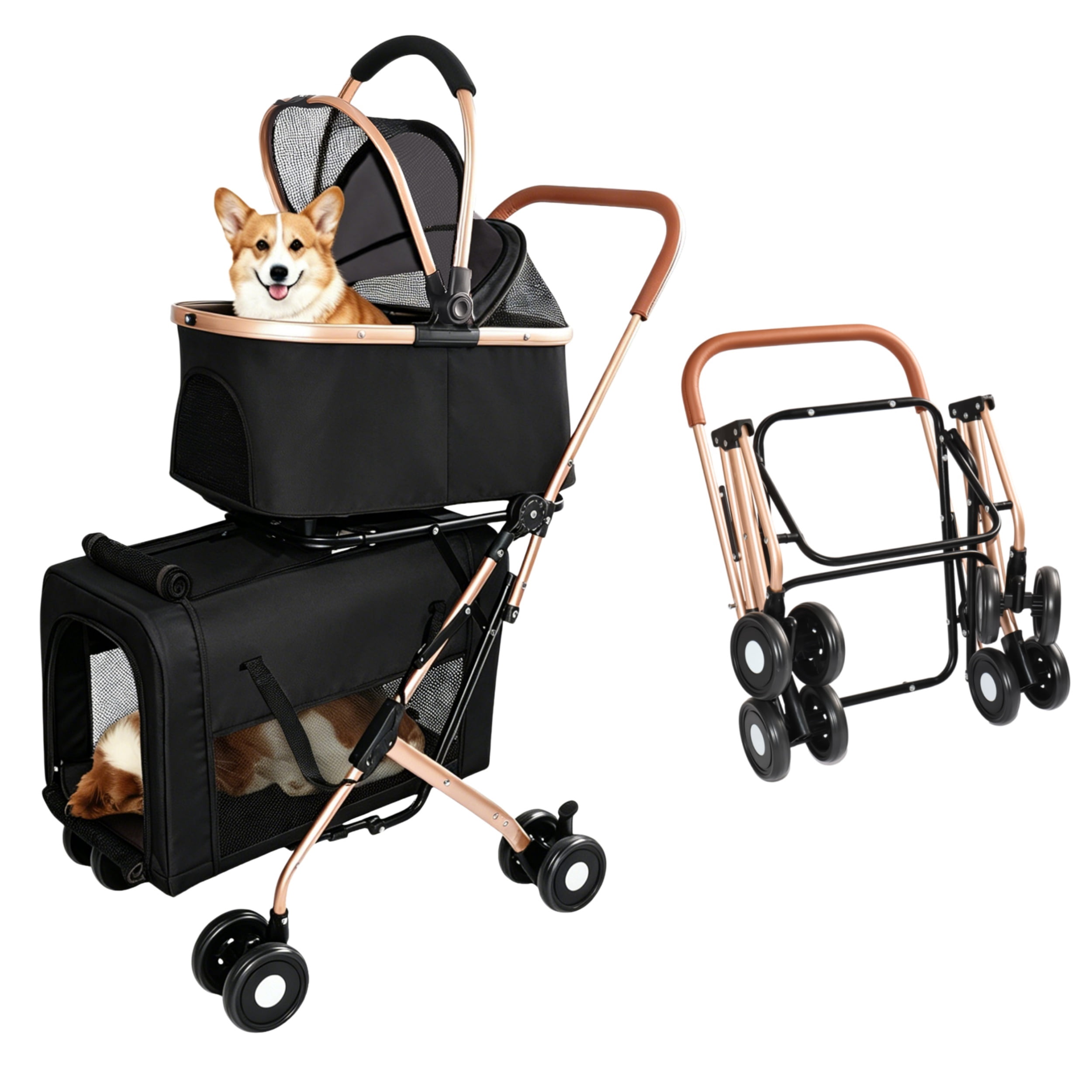 Double-Carrier Pet Stroller for Small/Medium Dogs and Cats, Foldable Convertible Pet Carrier with Caster & Brake System