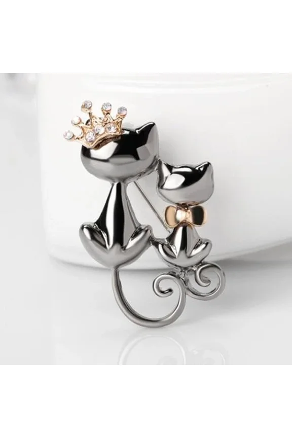Double Cat 0.10Ct Round Cut Simulated Diamond Women Charm Brooch Pin 14K Black Gold Plated 925 Sterling Silver For Her