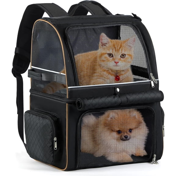 Double Cat Backpack Carrier for 2 Cats, Double-Compartment Pet Carrier Backpack for Two Small Cat or One Medium Cat, Cats Carrier Backpack Dog Carrier Backpack Fits Up to 24 Lbs,Black