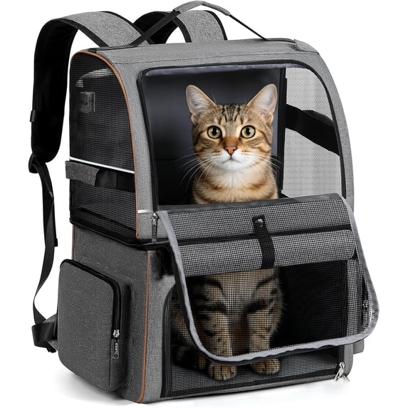 Double Cat Backpack Carrier for 2 Cats, Double-Compartment Pet Carrier Backpack for Two Small Cat or One Medium Cat, Cats Carrier Backpack Dog Carrier Backpack Fits Up to 24 Lbs,Grey