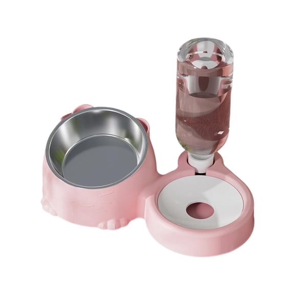 Double Cat Bowl Feeder with Automatic Water Dispenser - Pink - Elevated Tilted Food & Water Bowl for Cats, Puppies, Rabbits & Small Dogs
