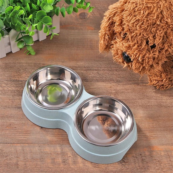 Double Cat Dog Bowl,Pets Water & Food Bowl Set for Small Medium Dogs Cats,Pet Supplies,Dog Double Bowl Puppy Food Feeder Stainless Steel Pet Drinking Dish,Light Blue,9.84x5.31x1.97In