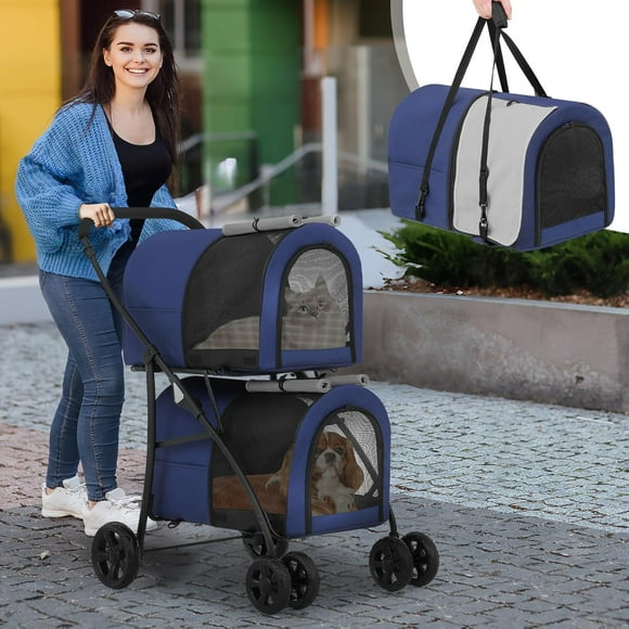 Double Cat Dog Stroller with Detachable Carrier Bags Large 4 Wheels Foldable Jogger for Small and Medium Dog Cats, Dog Wagons Pet Stroller for Medium Dog 20lbs (Navy Blue/Gray)