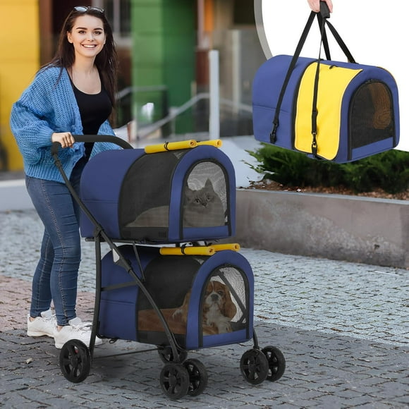 Double Cat Dog Stroller with Detachable Carrier Bags Large 4 Wheels Foldable Jogger for Small and Medium Dog Cats, Dog Wagons Pet Stroller for Medium Dog 20lbs (Navy Blue/Yellow)