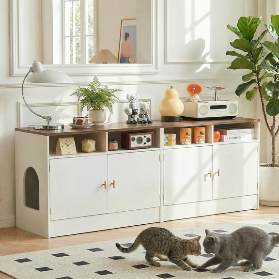 Double Cat Litter Box Enclosure for 2 Cats, 63" Wooden Hidden Cat Litter Box Furniture with Power Outlet, Sliding Bottom Easy Clean, Cat House TV Stand, Walnut