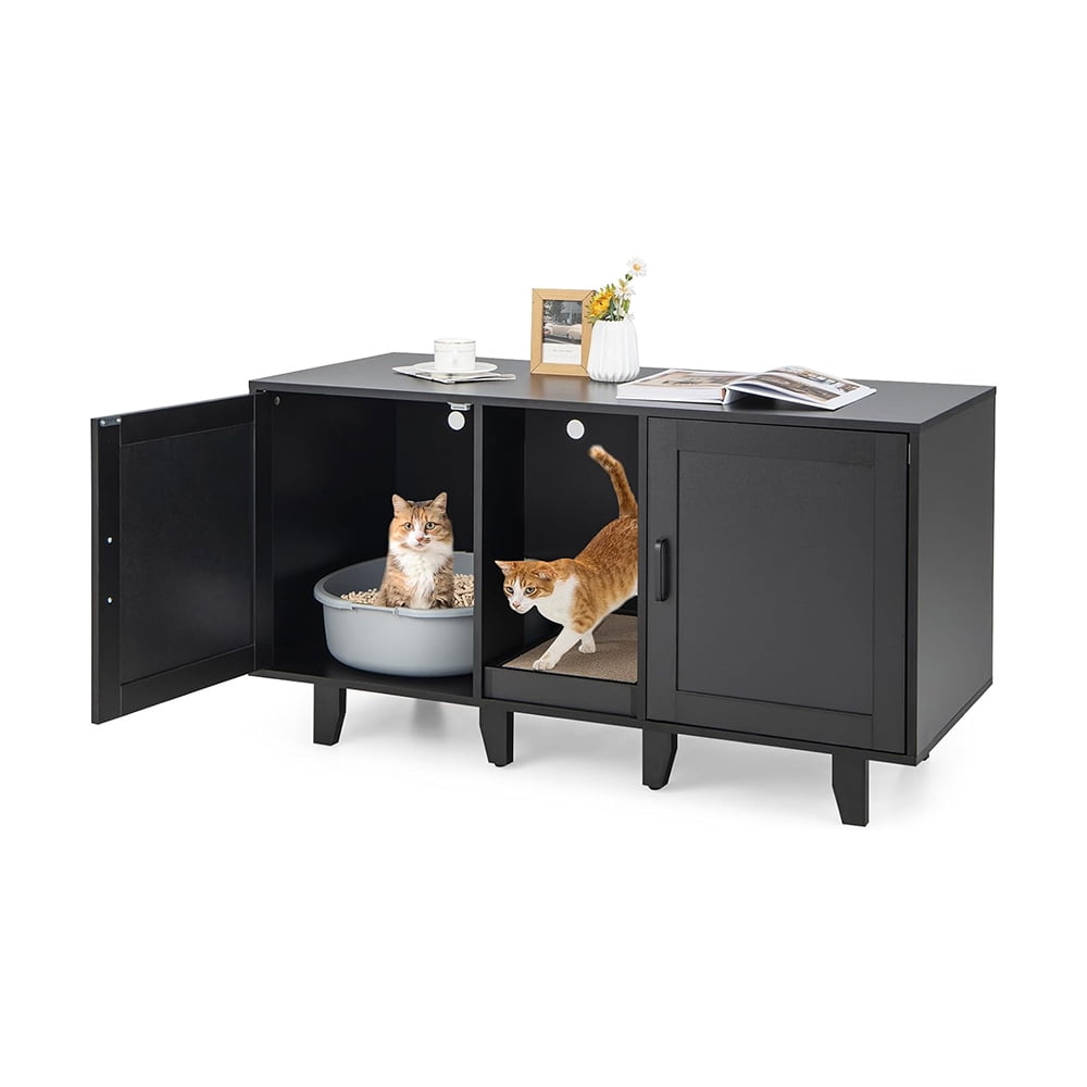 Double Cat Litter Box Enclosure for 2 Cats Large Stackable Hidden Privacy Cat Washroom Cabinet with Scratching Board Indoor Cat House TV Stand Side