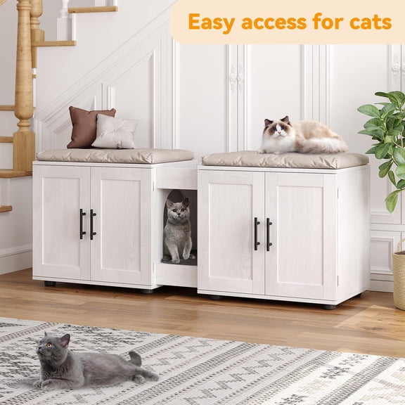 Double Cat Litter Box Enclosure for 2 Cats, Modern Wooden Hidden Cat Washroom Storage Cabinet with End Table & TV Stand Function for Living Room - White