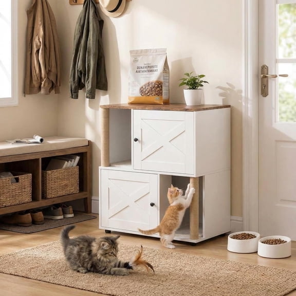 Double Cat Litter Box Enclosure, 2 Level Dual Litter Box Furniture with Scratching Post and Litter Mat, Cat Litter Box Furniture for 2 Litter Boxes, Fit Most of Litter Boxes