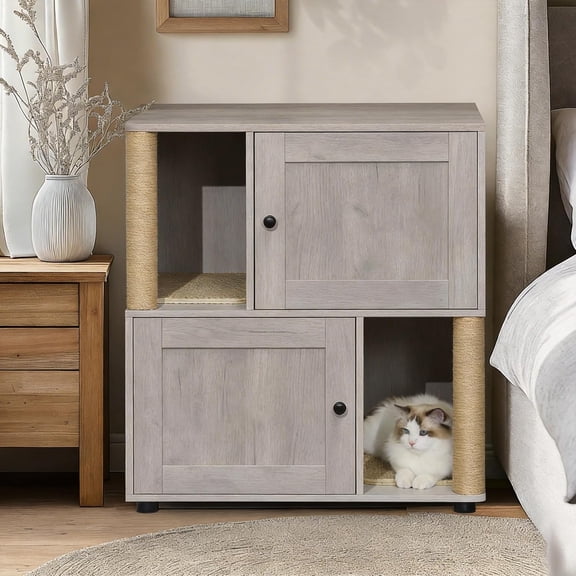 Double Cat Litter Box Enclosure Furniture with 2 Scratching Posts & Mats, 2-in-1 Hidden Cabinet for 2 Cats, Large Dual Litter Box Cabinet Odor Control with Storage Grey