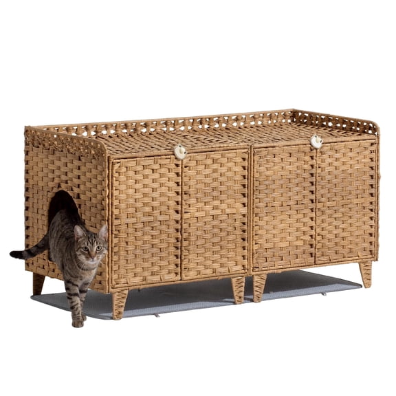 Double Cat Litter Box Enclosure Furniture, Handwoven Rattan Hidden Kitty House with Washable Mat and 2 Hooks for 2 Cats, for Living Room Bedroom
